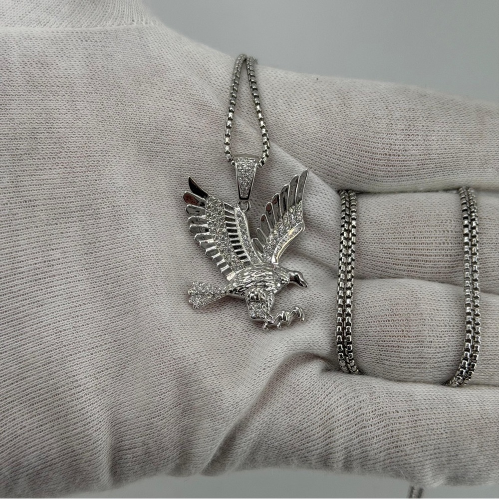 925 Sterling Silver White Gold Dipped Eagle Pendant CZ Iced 9g Large unisex